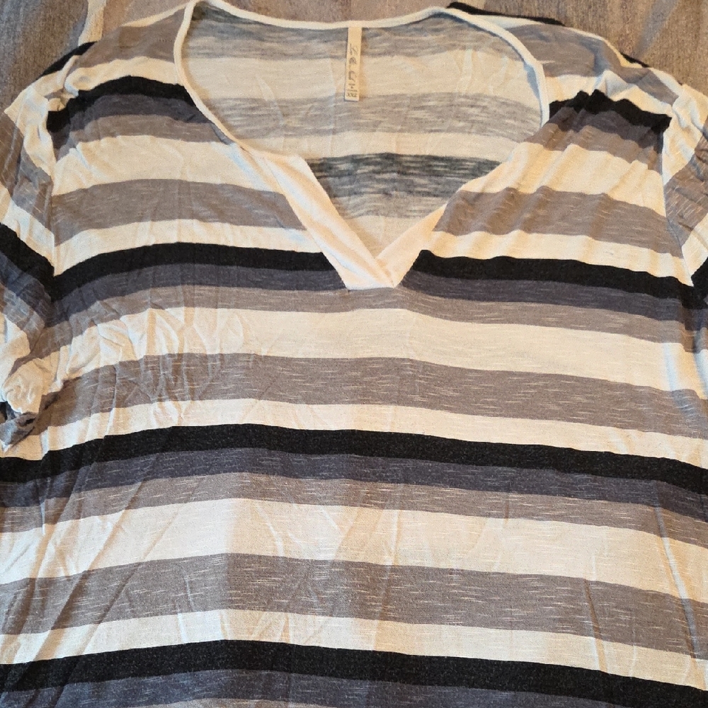 Leo & Nicole Striped V-Neck Tee in Gray and Black